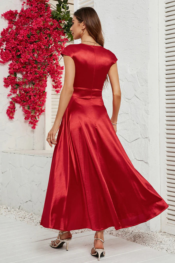 Weitese Dress A-Line Red Deep V-neck Cap Sleeves Party Dress Tea-Lengt Prom Dress